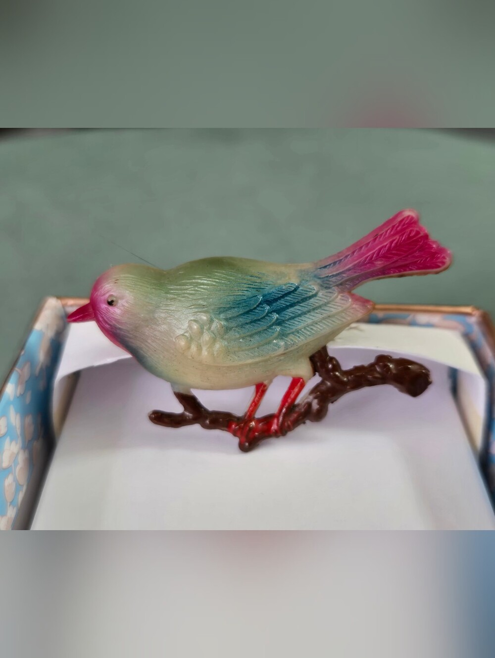 Vintage Celluloid Songbird Pin Brooch Painted Bluebird on Branch Japan 1940s 50s